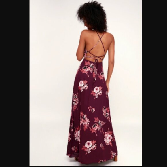 Lulu's Rancho Burgundy Floral Print Lace-Up Maxi Dress Women's Size S - Picture 2 of 14